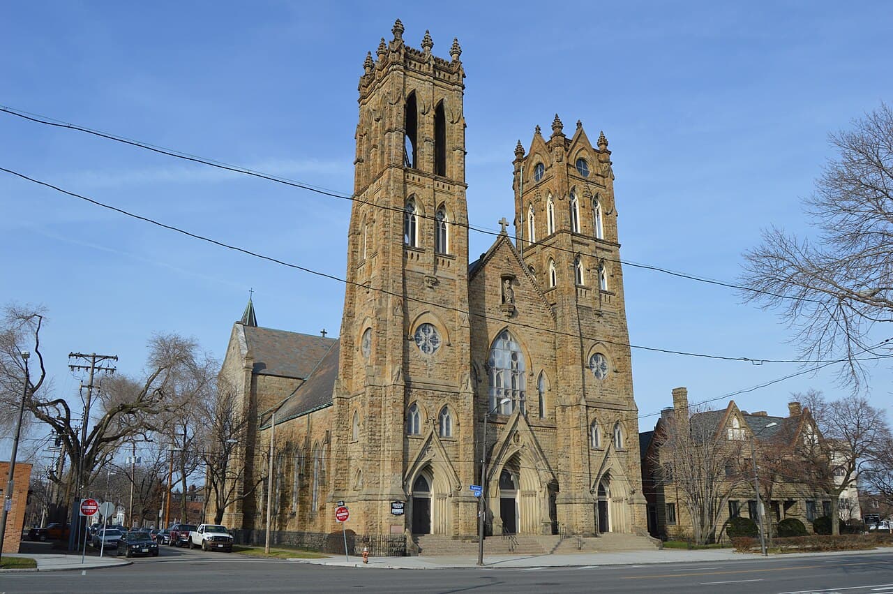 The front and western side of the Immaculate Conception Oratory on Superior Avenue, Cleveland